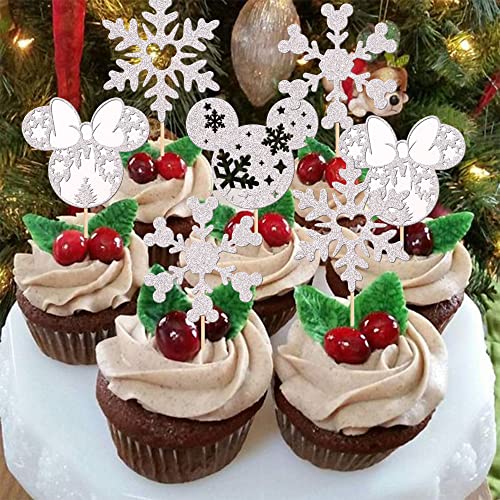 24 Pcs Minnie Mouse Inspired Snowflake Cupcake Toppers Silver Glitter Snowflake Cupcake Picks For Winter Wonderland Theme Baby Shower Birthday Merry Christmas Party Cake Decorations Supplies #TOP4