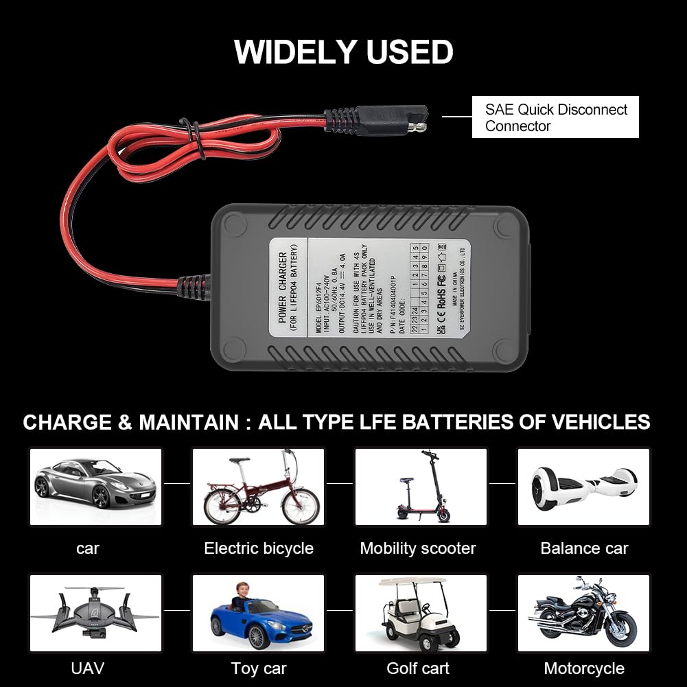 Cargador de batería LiFePO4 de 14.6 V, cargadores de batería de litio de 4 A, cargador de batería inteligente LiPO de 12 V para coches, motocicletas, carrito de golf, UAV, barco de pesca y
