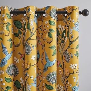 Topfinel Mustard Yellow Vintage Curtains & Drapes 84 Inches Long, Grommet Luxury Whimsical Floral Lemon Hummingbird Patterned Waverly Mid Century Colorful Blackout Drapes for Living Room Bedroom