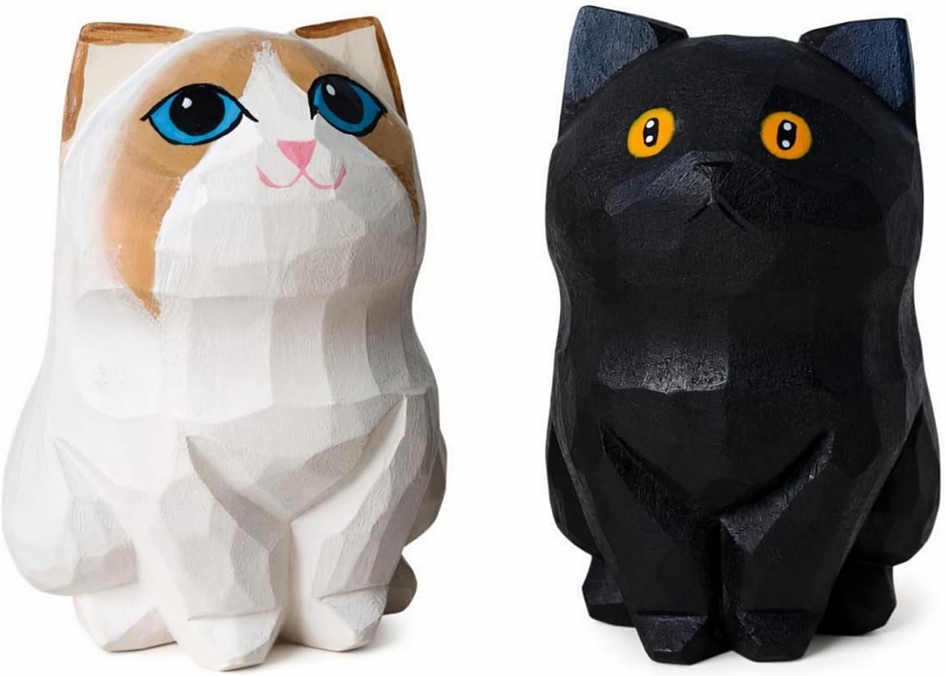 Hand-Carved Wooden Black and White Cat Figurines Set (2 Pcs) | British Shorthair and Ragdoll Cat Statues, Desktop & Car Dashboard & Home Decor, Collectible Gift for Cat Lovers