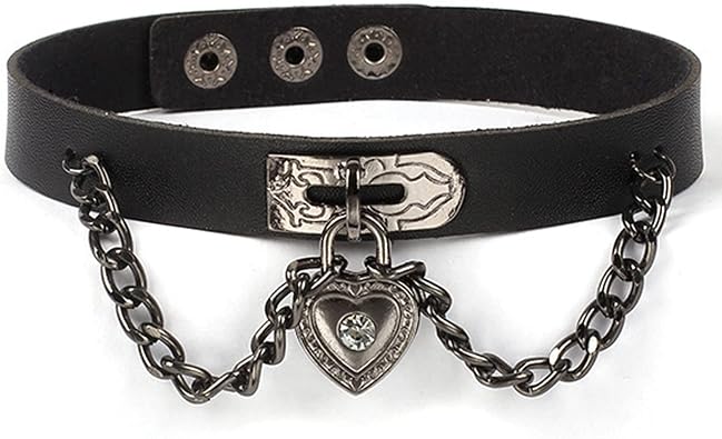 Olbye Lock Heart Choker Necklace Short Black Leather Necklace Punk PU Collar Necklaces Cosplay Necklace Link Chain Gothic Necklace Jewelry for Women and Girls