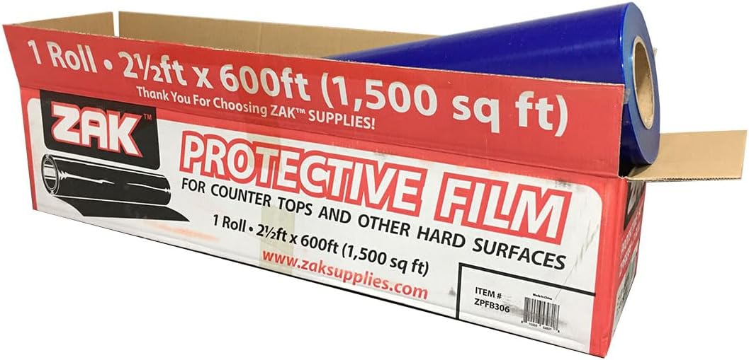 STINGER ZAK Countertop Protection Film 24” x 600’ – Blue Protective Film for Granite, Marble & Quartz, Temporary Surface Protection for Construction & Remodeling.