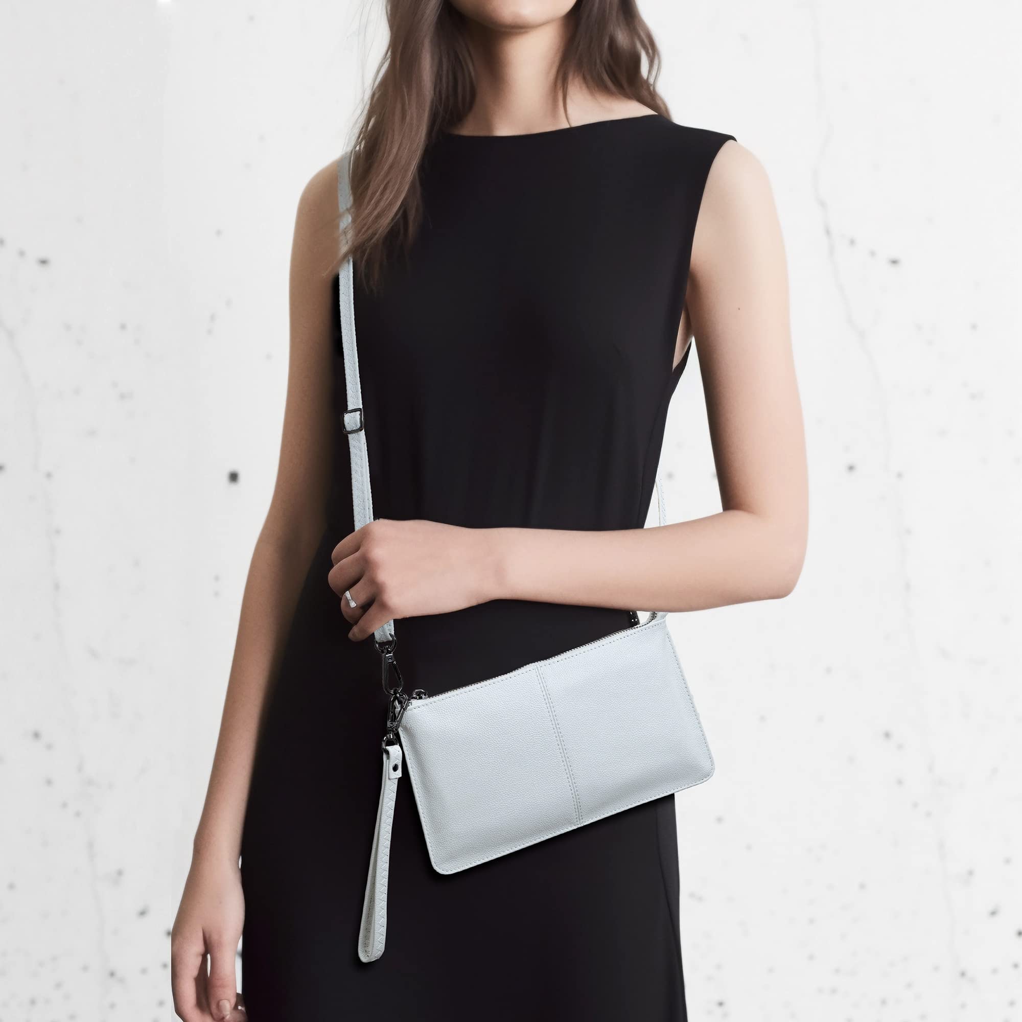 Bveyzi Genuine Leather Wristlet Purses for Women, Envelope Clutch Wallet Small Crossbody Bags for Dressy Evening (White)