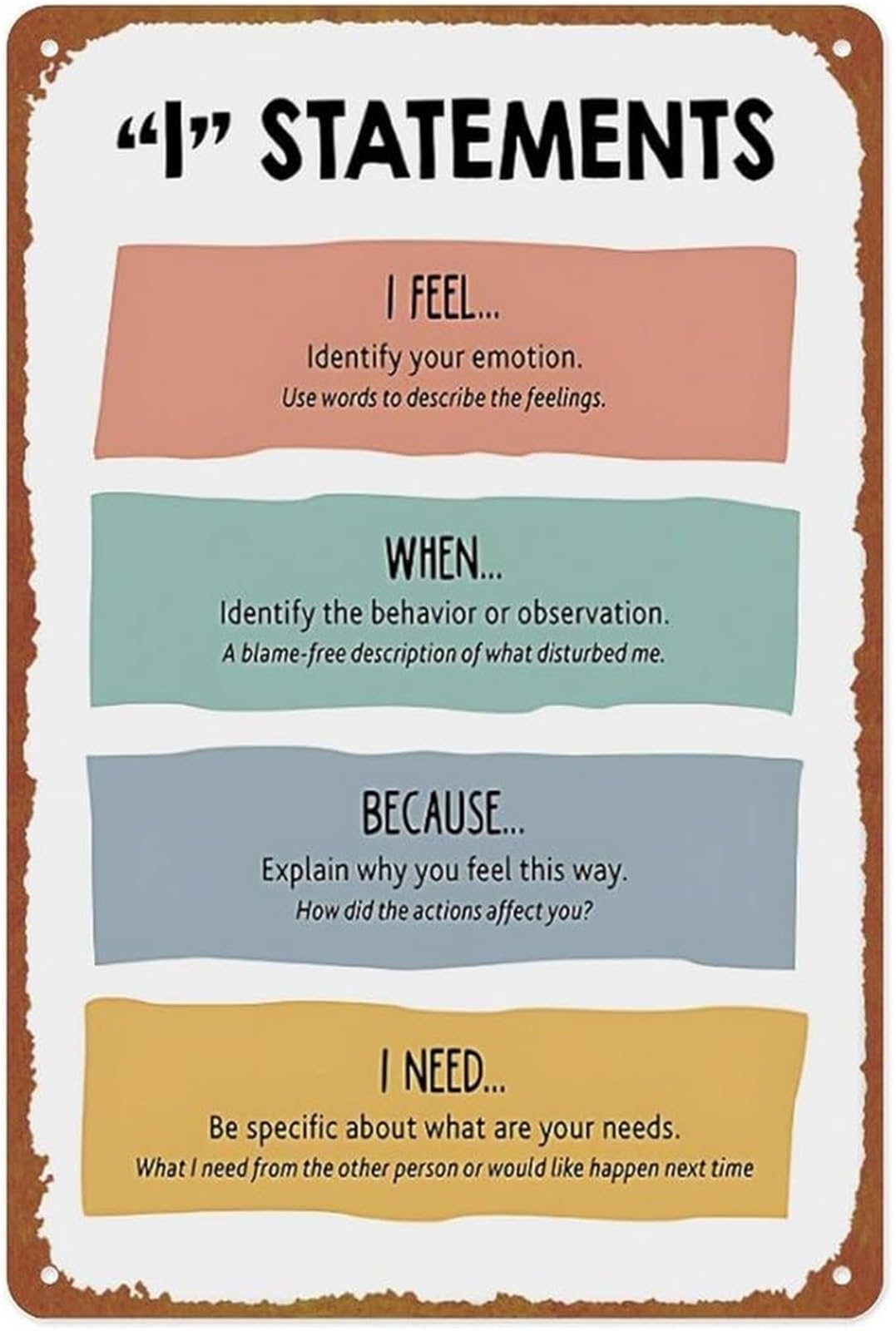 PKNVKZIDK Aluminum Metal Sign Assertive I Statement Communication Skill Retro Wall-Art for Psychology Classroom Teaching Aid 8 X 12 inch