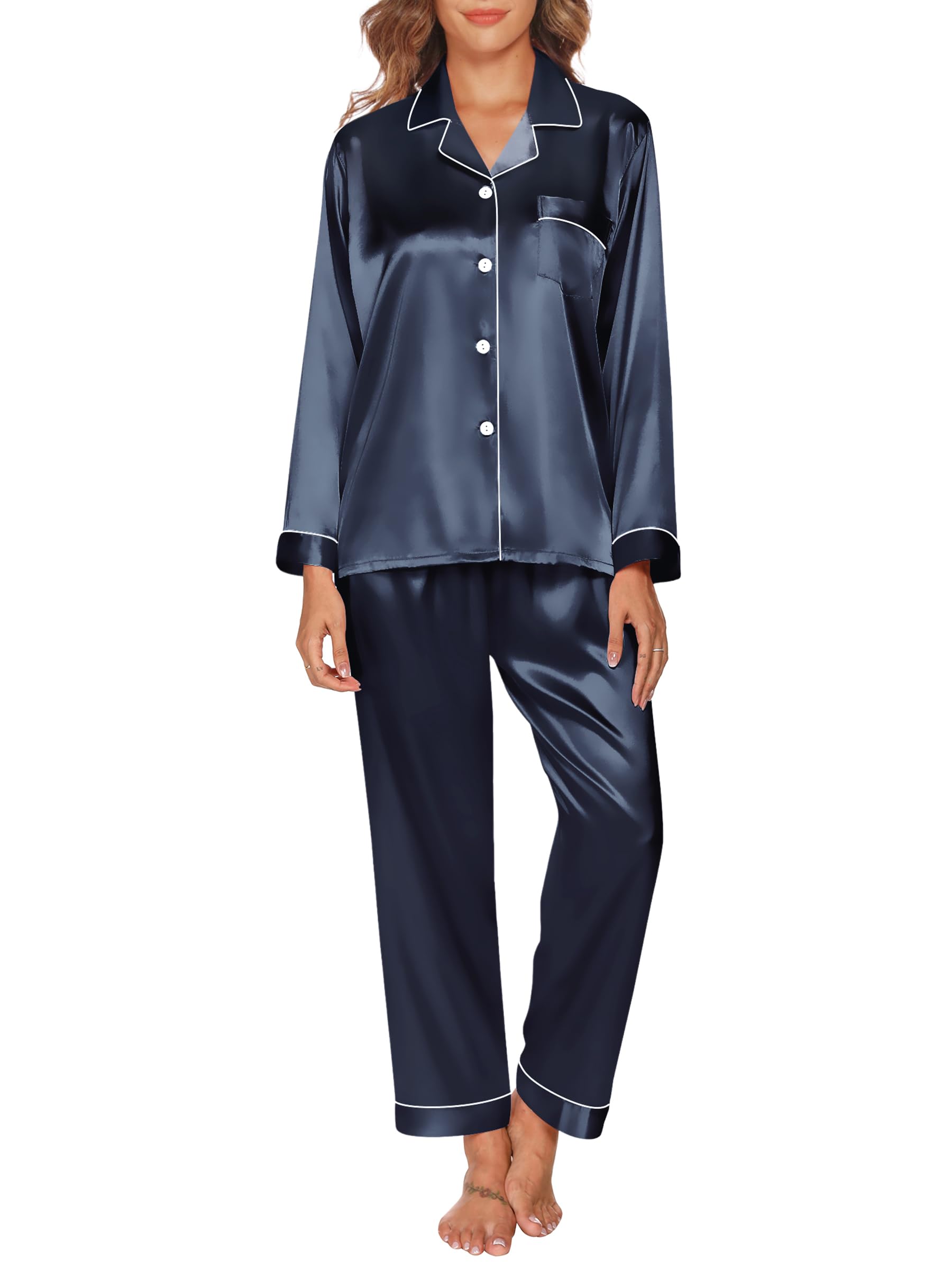 GAESHOW Pyjama Soie Femme Ensembles de Pyjama en Satin de Soie Manches Longues Vêtements de Nuit Femme pour Toutes Les Saisons