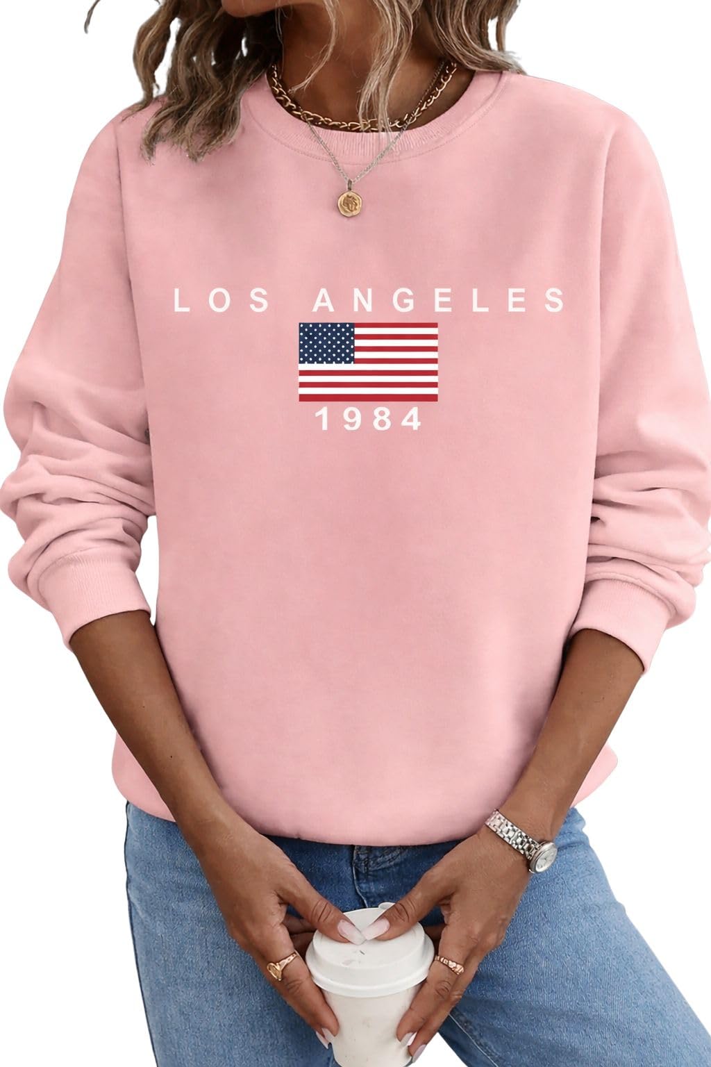 sxv style Women's Los Angeles 1984 Sweatshirt, Pink, American Flag Graphic, Crew Neck, Long Sleeve-picture-21