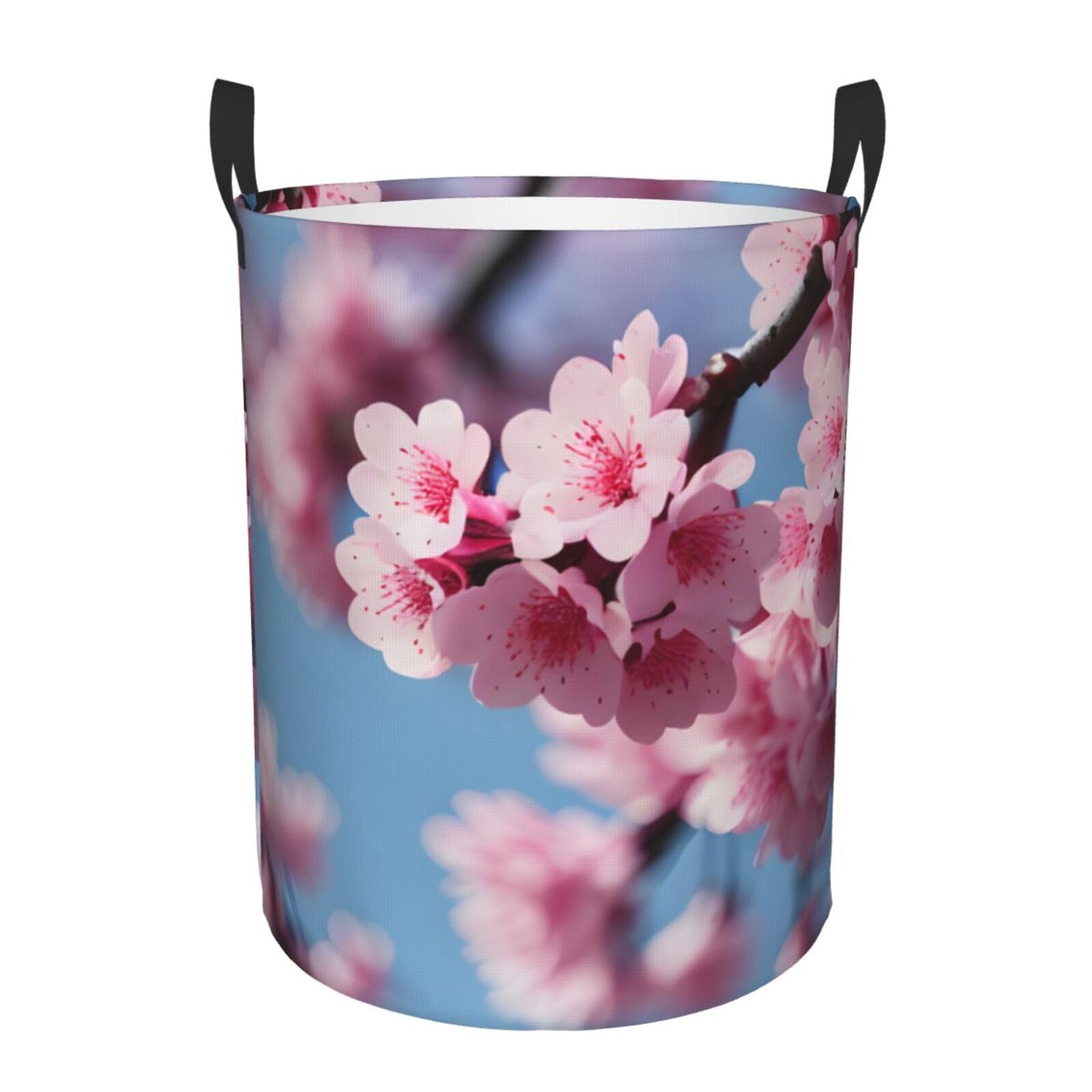 S Collapsible Round Cherry Blossoms Print Laundry Hamper