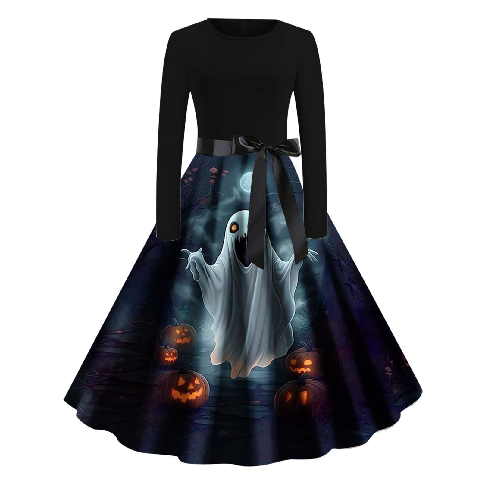 HAOLEI Halloween Costumes Adult Women, Ladies Halloween Dress Retro Pumpkin Skeleton Print Long Sleeve A Line Swing Dress Black Vintage Skull Witch Rockabilly Party Cocktail Novelty Dresses