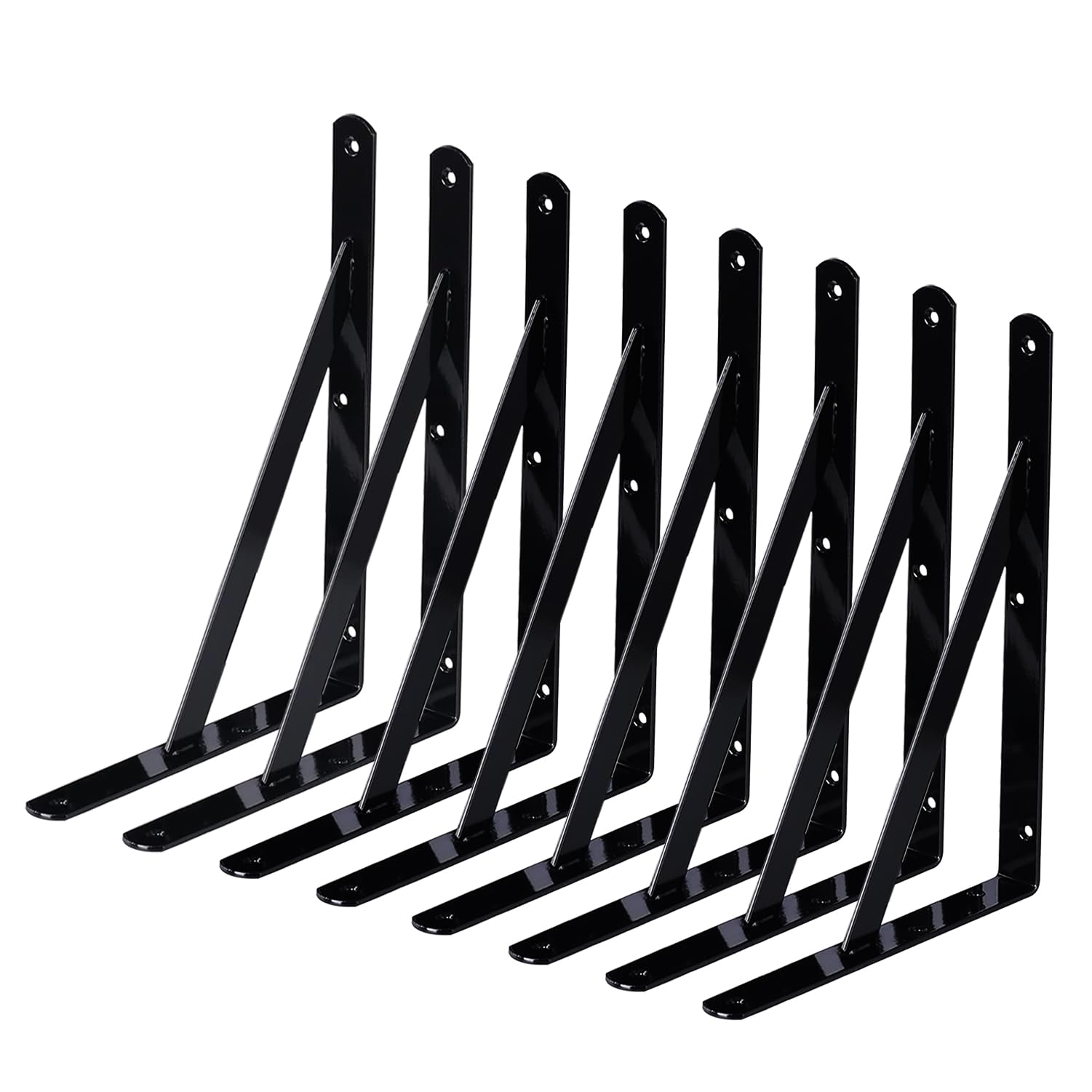Soportes de estante, paquete de 8 soportes resistentes de 16 pulgadas para estante de 16 x 10 pulgadas, soportes en L de metal negro de hierro para montaje en pared, tornillos incluidos