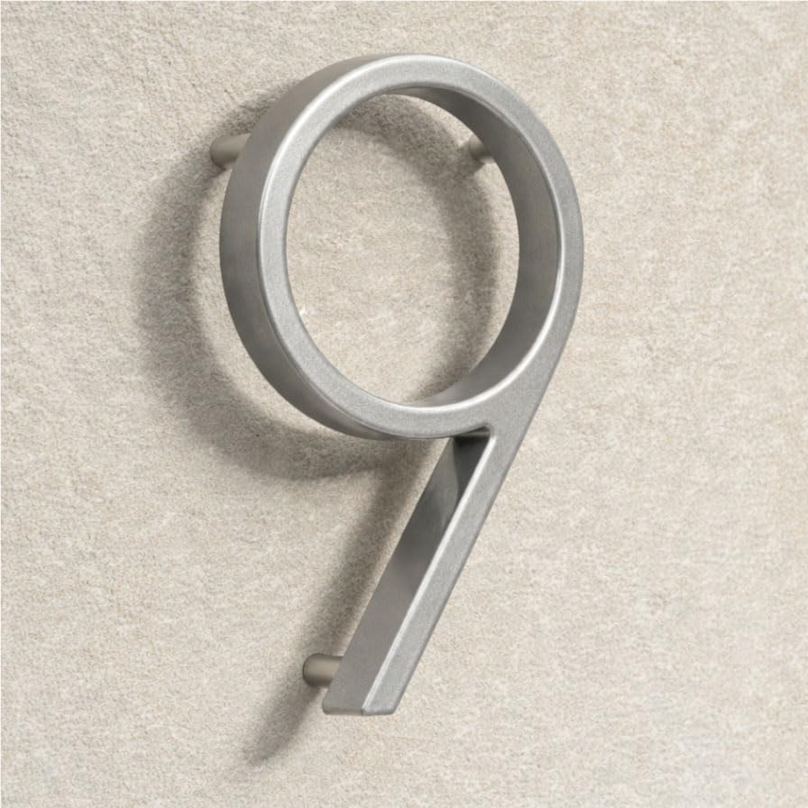 House Signs Direct | Modern Floating 3D Silver Metal House Numbers 5 Inch | Stylish Front Door Numbers with Waterproof Zinc Alloy Finish | Easy Install Door Number Sign for Wall or Gate - Number 9