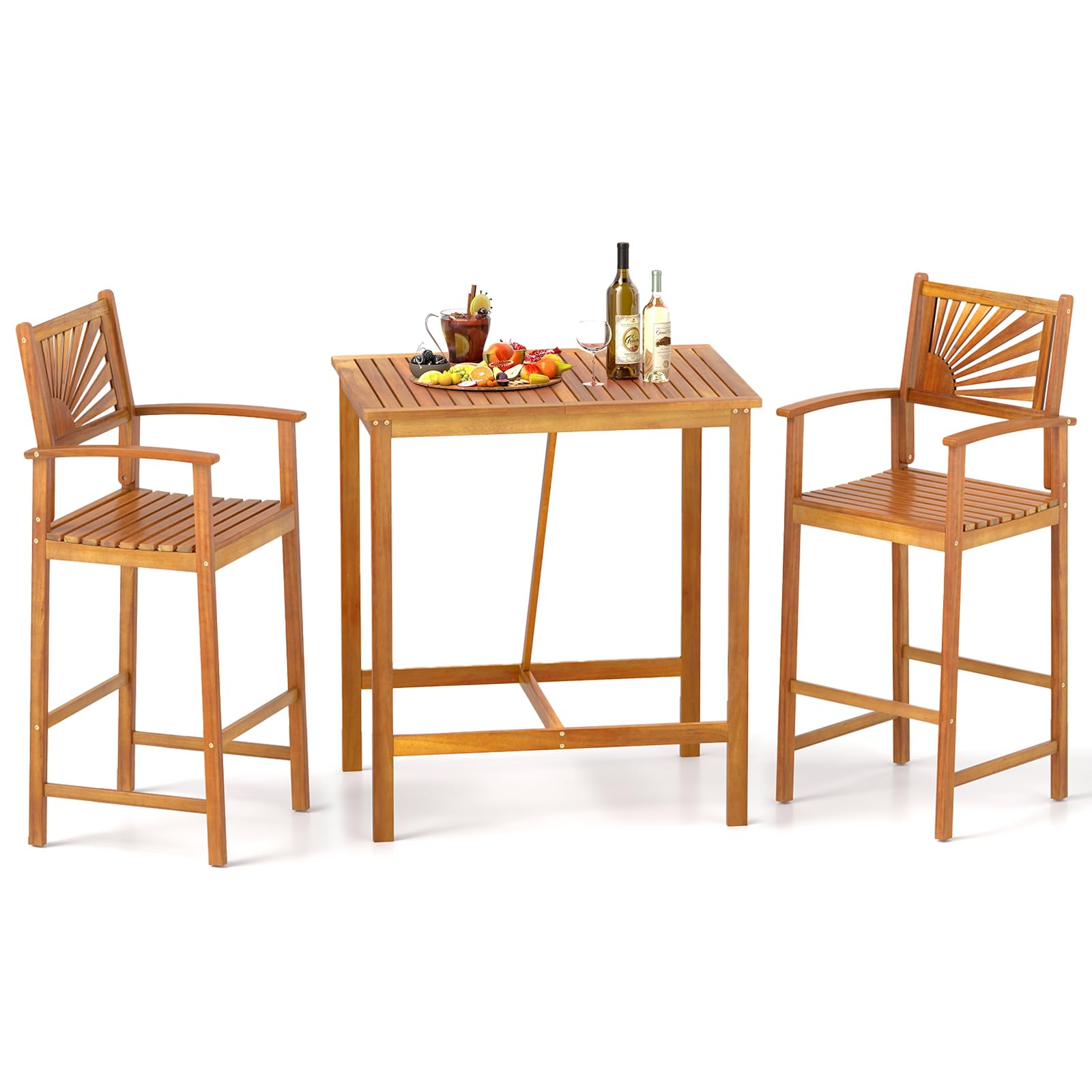 Tangkula 3 Piece Patio Bar Table & Chairs, Outdoor Acacia Wood Bar Set w/Slatted Seat & Tabletop, Wood Dining Bar Set w/Backrest, Armrests & Footrest