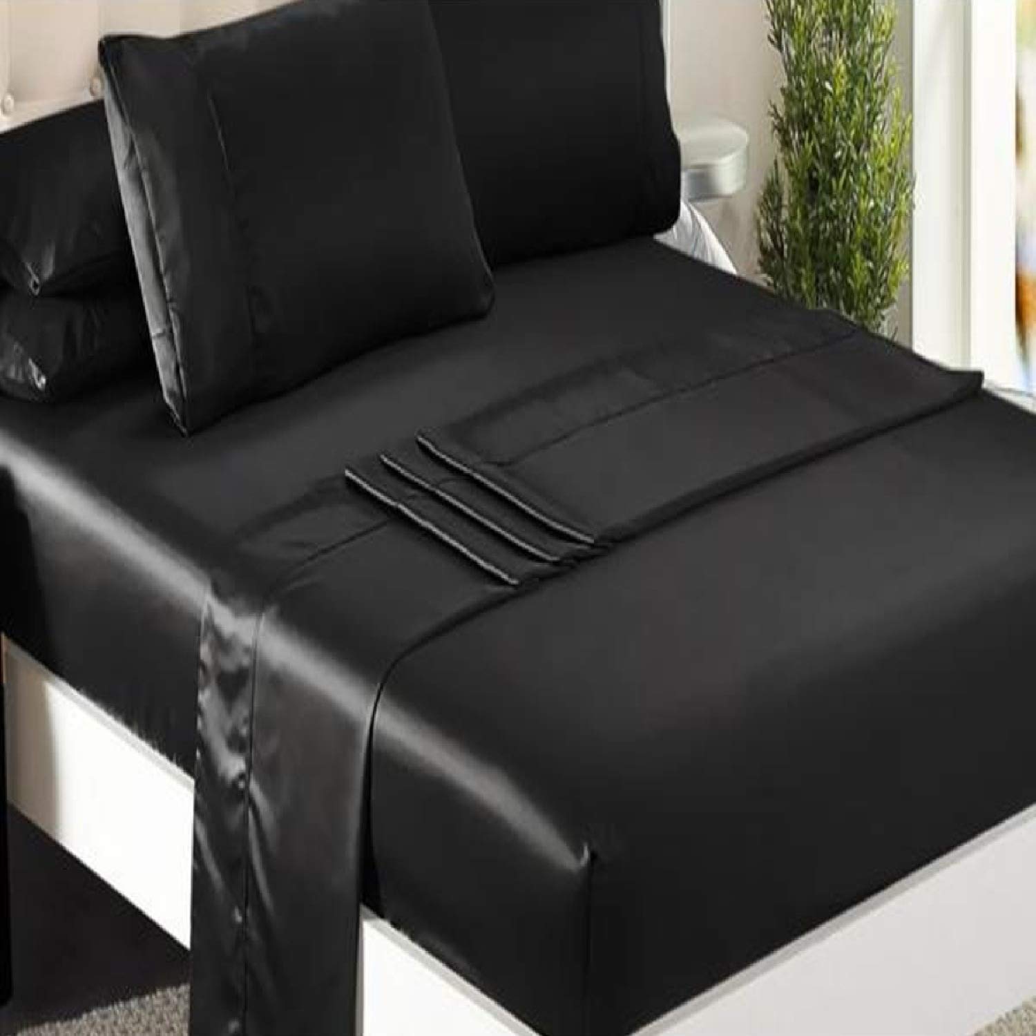 Niagara Sleep Solution Satin Queen Bed Sheet Set 4 Pieces Black Silky Smooth Bridal Satin Deep Pocket Fitted, Flat, 2 Pillow Cases Wrinkle Stain, Fade Resistant (Black Satin, Queen)