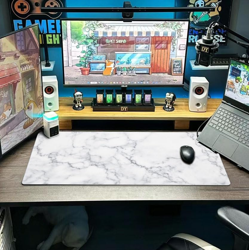 Cayiibe Marble White Mouse Pad Extended Large Gaming Mousepad XL Big Long Oversized Desk Mat Stitched Edges 31.5 X 11.8 Inch for Home Office