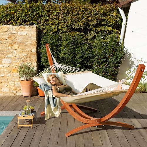 ECOTOUGE 14 FT Wooden Hammock with Stand Outdoor Double Hammock with Wood Stand 2 Person Heavy Duty Hammock and Stand for Outside Backyard Balcony Porch Patio Garden 550 lbs Capacity White