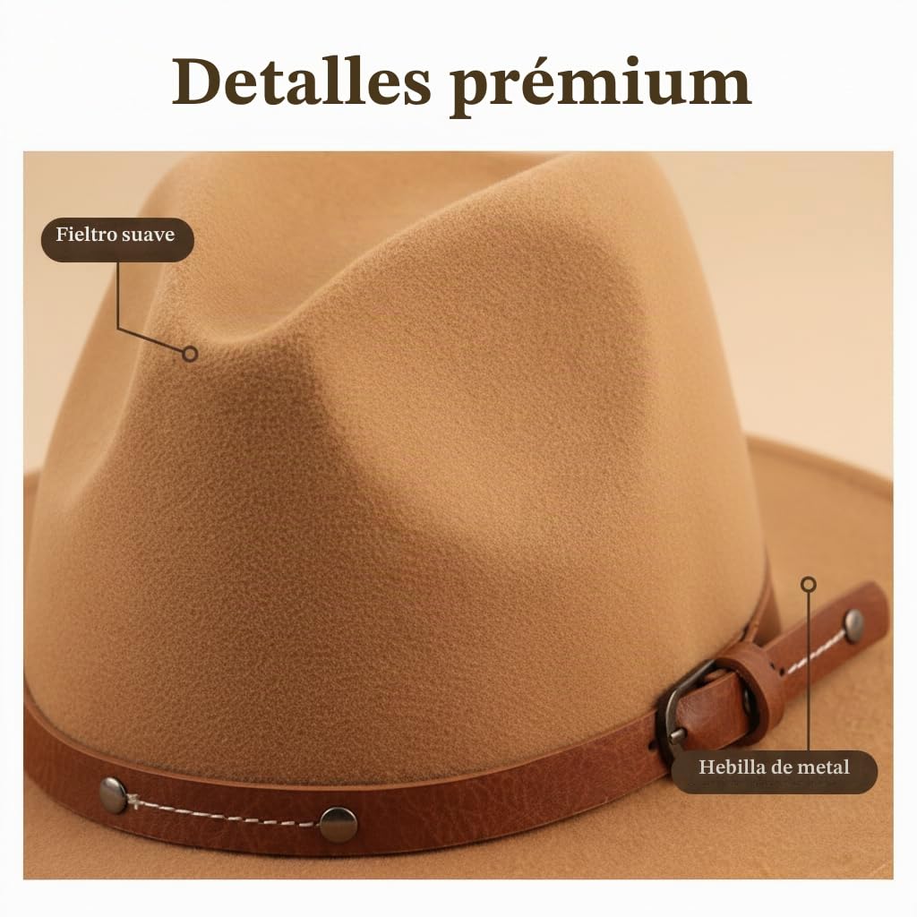 QUUPY Sombrero Fedora clásico de fieltro caqui de ala ancha, sombrero de Panamá para otoño e invierno, sombrero de jazz con remache cinturón hebilla banda y cordón ajustable