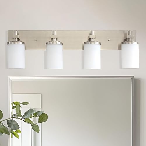 LOUSACE Lámparas de baño sobre espejo de níquel cepillado, 4 luces de tocador de baño con pantallas de vidrio blanco ópalo, apliques de pared