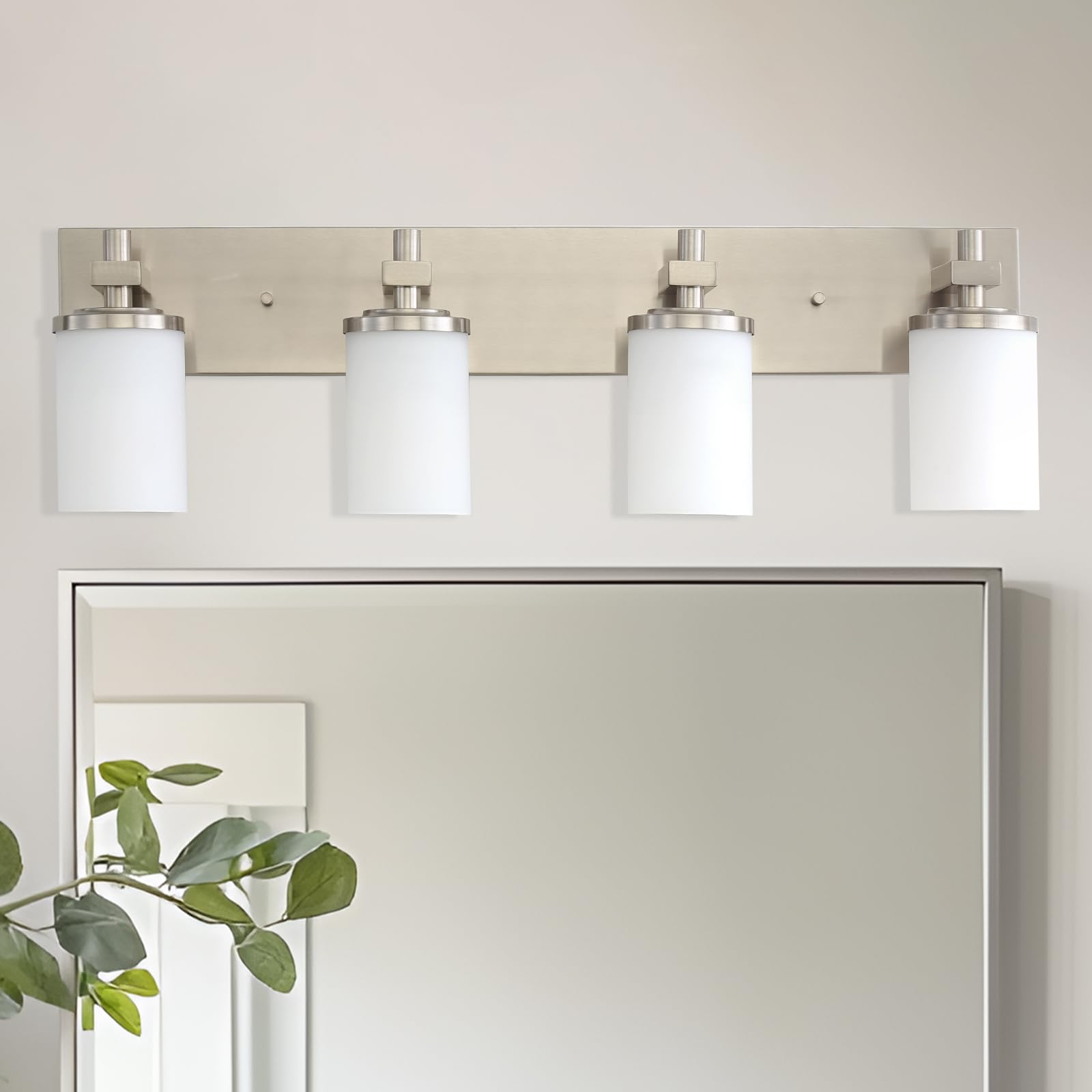 LOUSACE Bathroom Light Fixtures Over Mirror Brushed Nickel, 4 Light Bathroom Vanity Lights, Modern Bathroom Lighting with Opal White Glass Shades, Wall Sconces Fixture Vanity Lighting for Bathroom