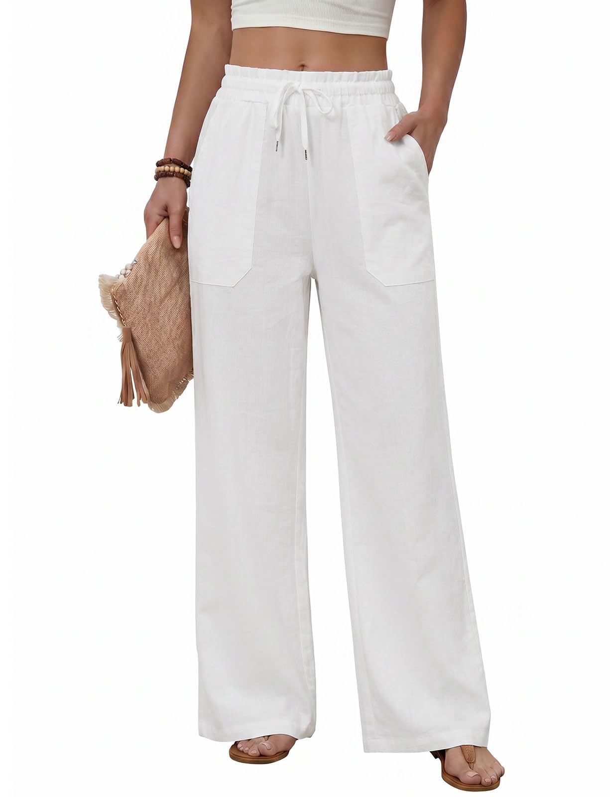 Pantalon Femme Été Fluide Pantalons Taille Haute Elastique Pantalons Décontractés Ample Droites Longueur Palazzo Pants Léger Chic et Elegant avec Cordon Poches