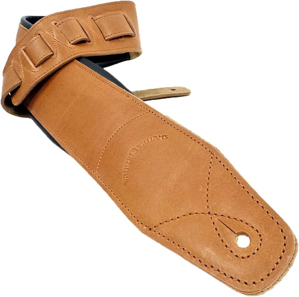 Walker & Williams B4B-LBRN Rustic Whiskey Tan Finish 4" Wide Double Padded Premium Brown Heirloom Grain Leather Guitar And Bass Strap For Acoustic, Electric, And Bass Guitars