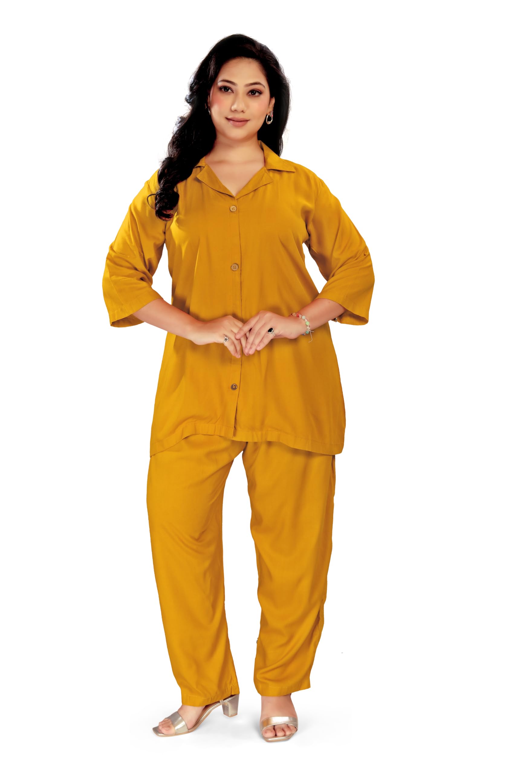 amaira Women's Solid Rayon Co-ord Set | Shirt Collar Button-Down Top & Straight Pants | 3/4 Sleeves | Regular Fit | Casual, Office & Lounge Wear | L, XL, XXL-picture-49