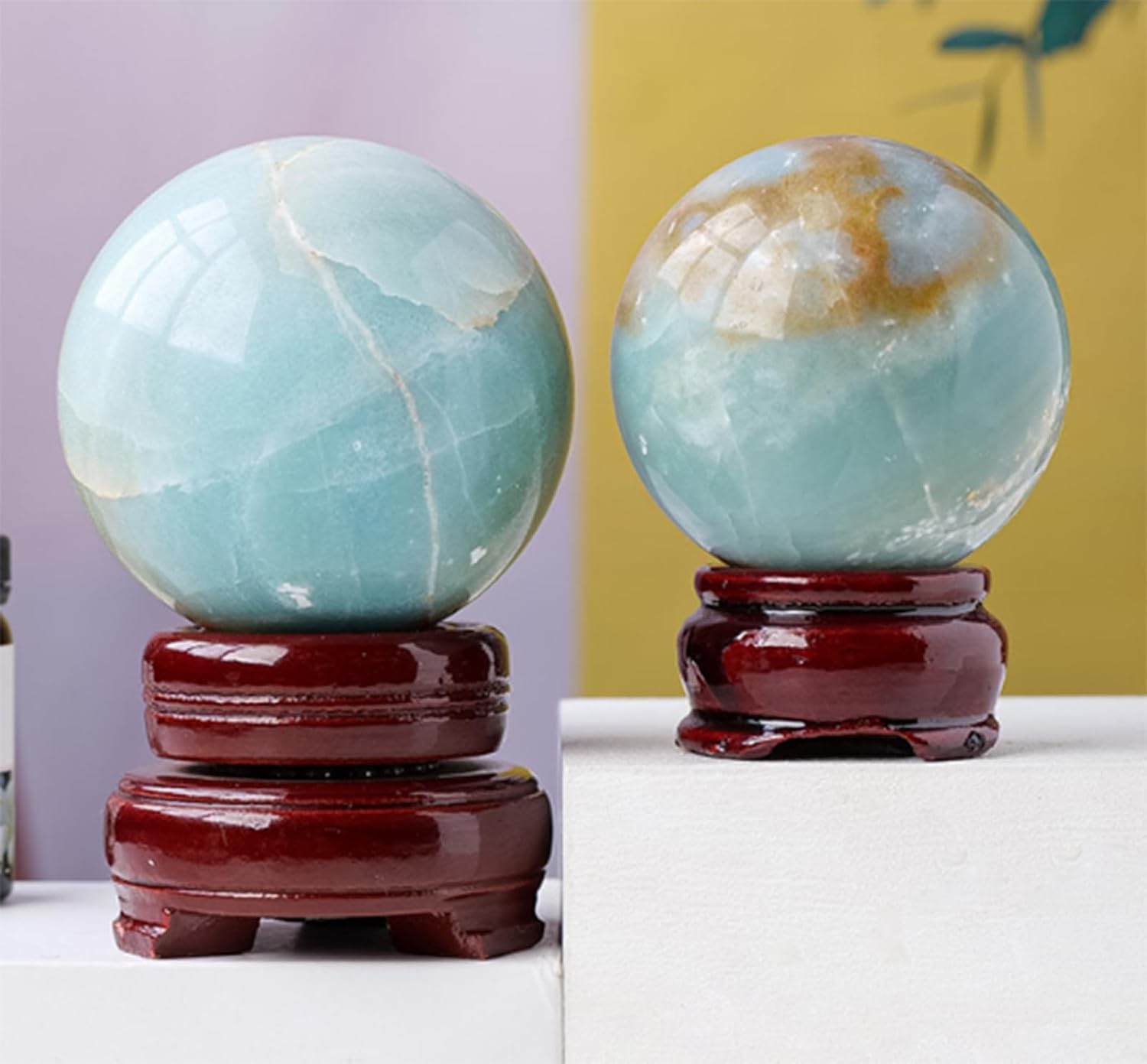 Gemstone Crystal Ball Real Crystal Decor Sphere Polished Divination Ball with Wood Stand for Fengshui Decor, 50~55mm
