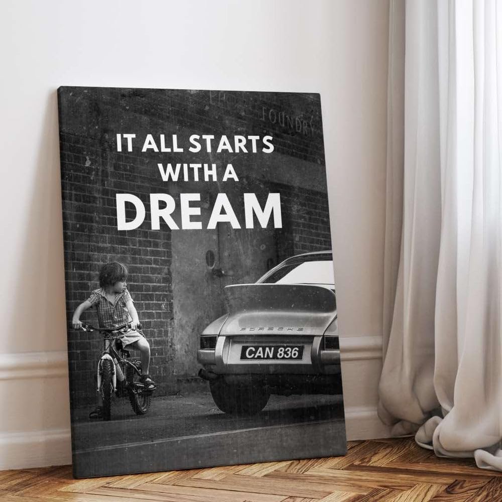 PERSONALISIERBARES Porsche Poster mit WUNSCHKENNZEICHEN | It all starts with a dream | Motivationsbilder | Porsche 911 Poster Auto Bild | Wandbild Büro Deko Office Garage Geschenk Männer Werkstatt