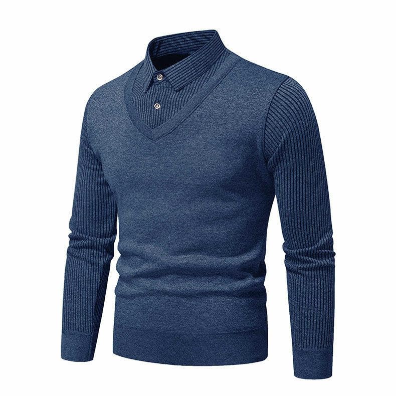 Pull tricoté chaud automne hiver chaud peluche col de chemise patchwork - 4