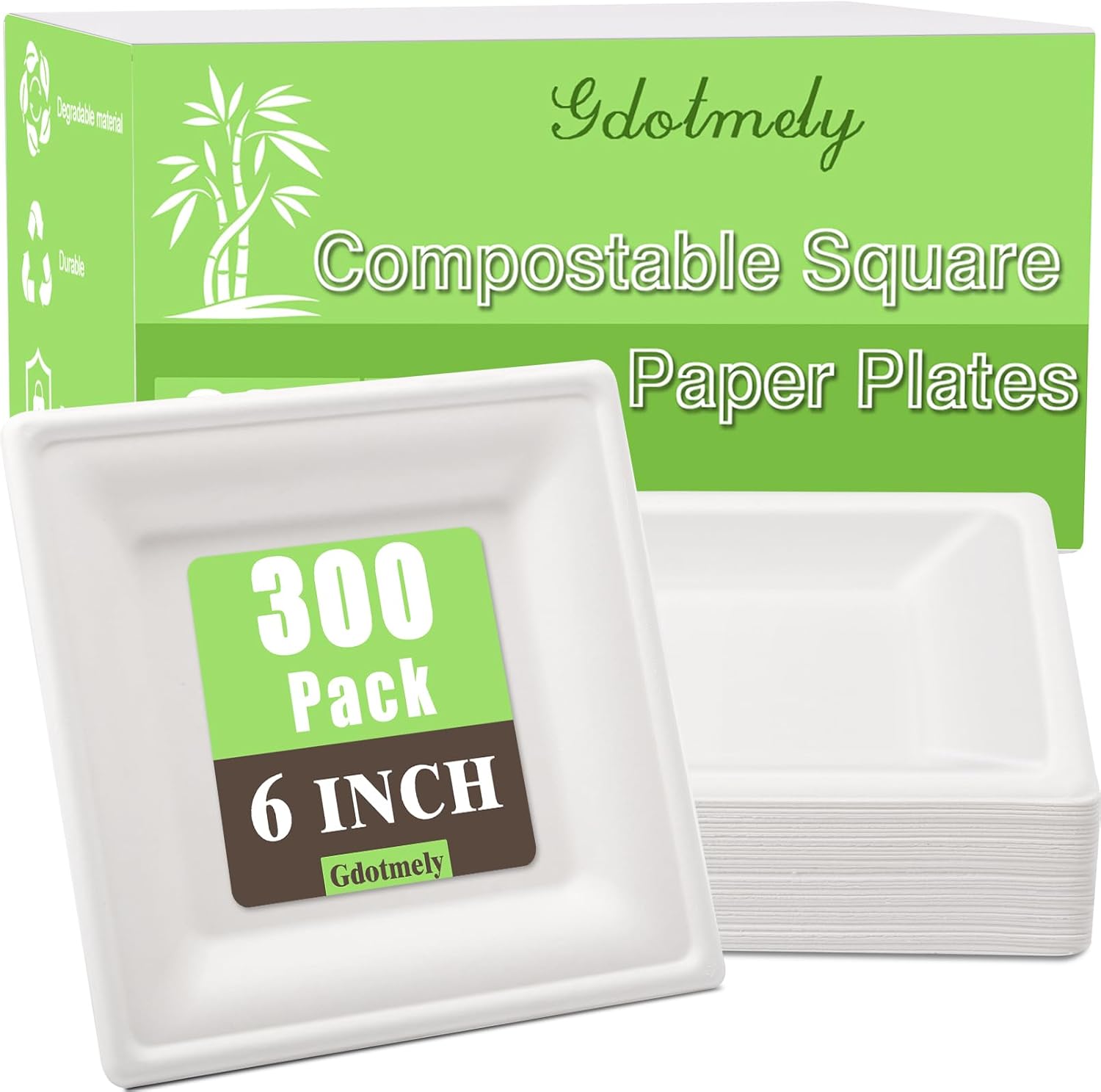 6 Inch Dessert Plates, 300 Pack Compostable Sugarcane Plate, Small Disposable Square Paper Plates, Heavy Duty Bagasse Dinner Plates for Cake, Daily Meals, Party, wedding, Picnic(White)