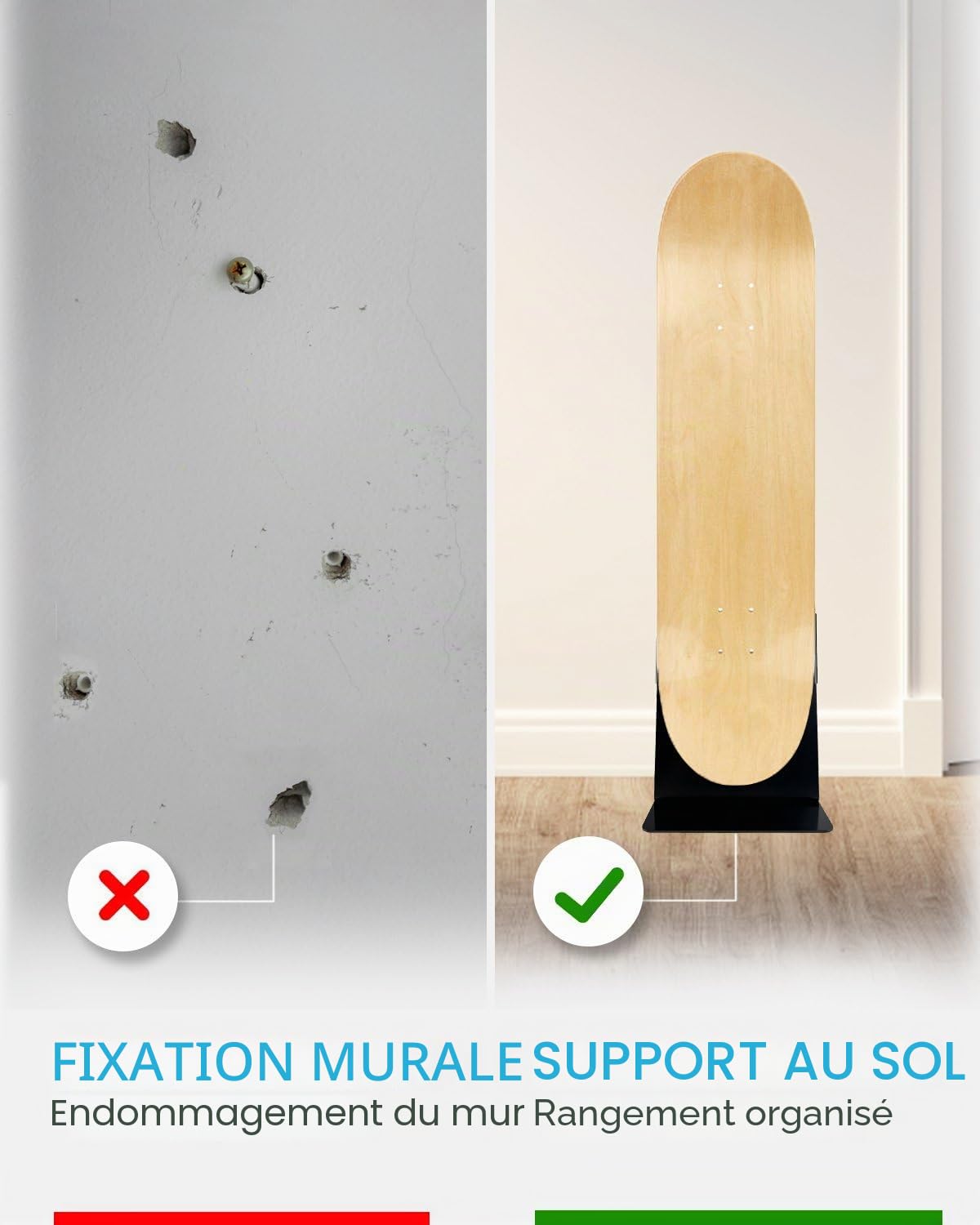 Support de Sol Portable pour Skateboard, Double Vue de Rangement et Affichage pour Skateboard