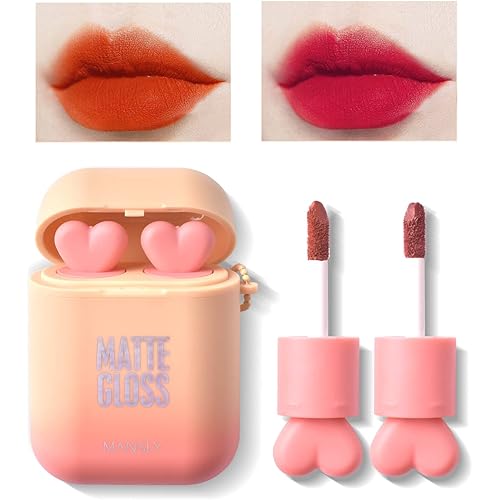 LAMUSELAND Matte Lipstick Makeup Set, 2Pc/Set Waterproof Long Lasting Velvet Moisturizing Lip Stain Earphone Dual-color Lip Gloss Primer, Non-stick Cup Lip Make Up Gift Kit for Girls (Yellow)