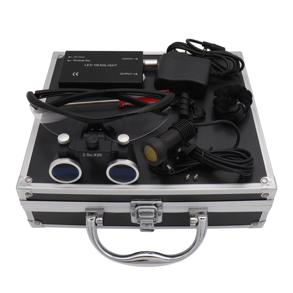 STORKY Dental Lab Medizinische Lupenlupe Vergrößerung Fernglas Scheinwerfer Scheinwerfer 5W Set Metallbox (Farbe: Schwarz, Größe: 2,5x)