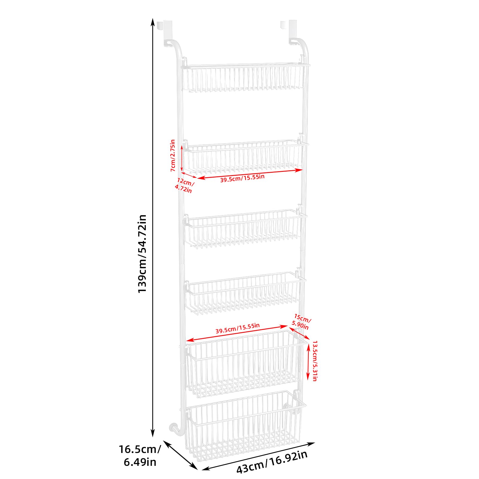 Organizador de Almacenamiento Sobre Puerta, Estante de Especias Sobre Puerta de 6 Niveles, Organizador de Latas de Especias de Metal para Cocina, con Ventana Transparente para Colgar en la