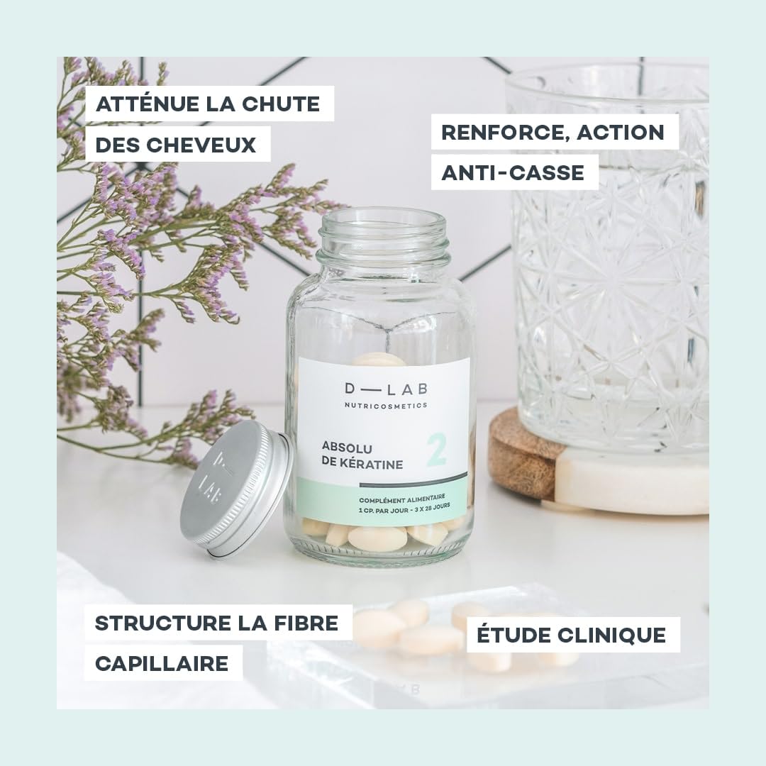 D-LAB Absolu de Kératine | 3 Mois de Complément Alimentaire Cheveux | Réduction de la Chute et Renforcement Capillaire, Cheveux Plus Épais et Brillants