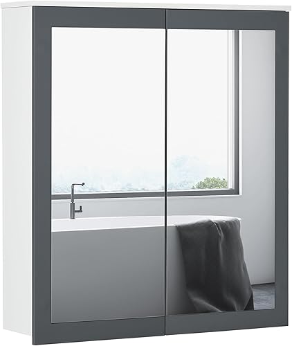 kleankin Botiquín de baño con espejo, 27 x 30 pulgadas montado en la pared, gabinete de pared de baño con almacenamiento, puertas dobles y 2