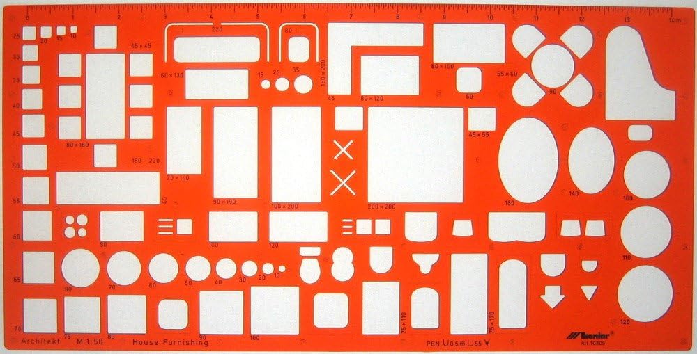Metric 1:50 Scale Architect Design Drawing Template Stencil - Architectural Technical Drafting Supplies - Furniture Layout Symbols for House Interior Planning