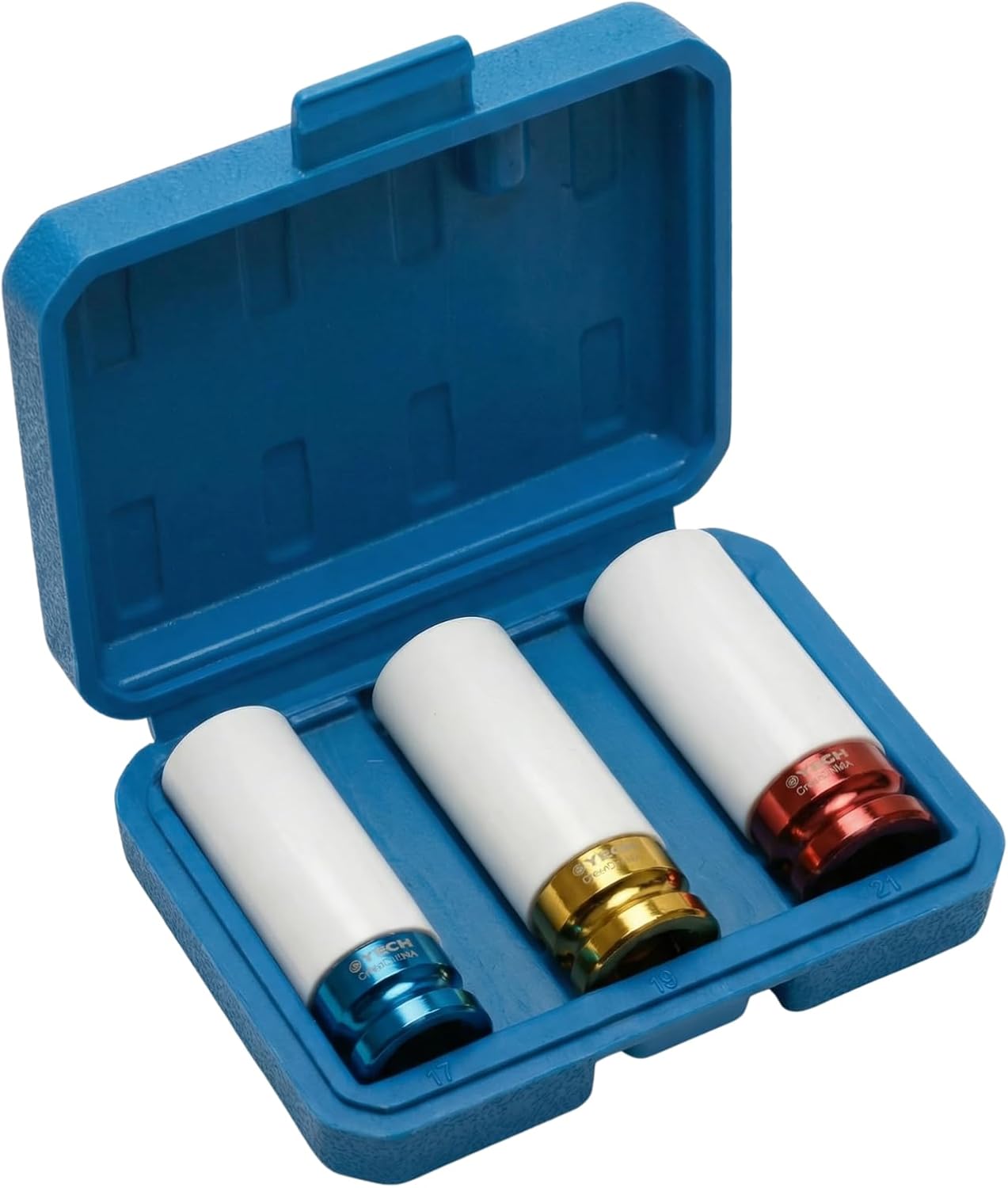 1/2" Drive Impact Socket Set 3-Piece (17mm 19mm 21mm), Deep Thin Wall Lug Nut Sockets, Premium Cr-Mo Steel Construction with Non-Marring Protective Sleeves for Safe Car Wheel Maintenance