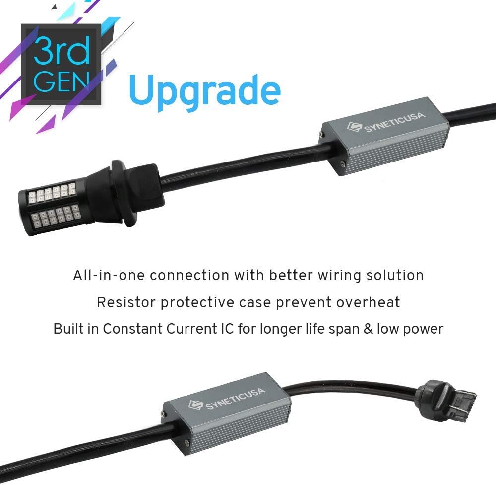 Syneticusa 7443 Error Free Canbus Ready Red LED Brake Parking Tail Stop Turn Signal Light Bulbs DRL Parking Lamp No Hyper Flash All in One With Built-In Resistors