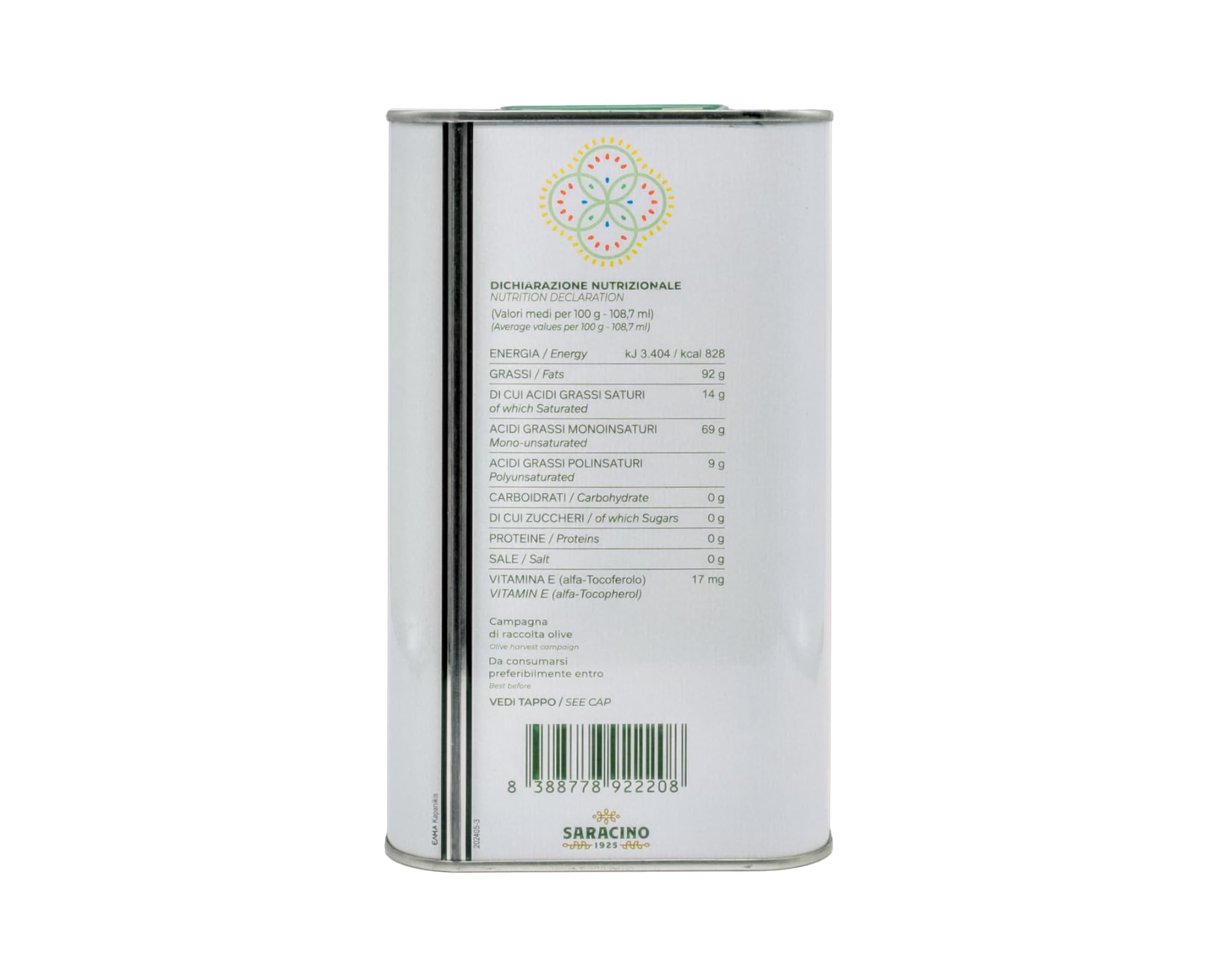 SARACINO 1925 Olio Extravergine di Oliva Italiano 100% – Lattina 3L – Estratto a Freddo – Bassa Acidità <0,4% – Blend Cellina di Nardò, Ogliarola Salentina e Leccino – Olio EVO di Qualità Superiore