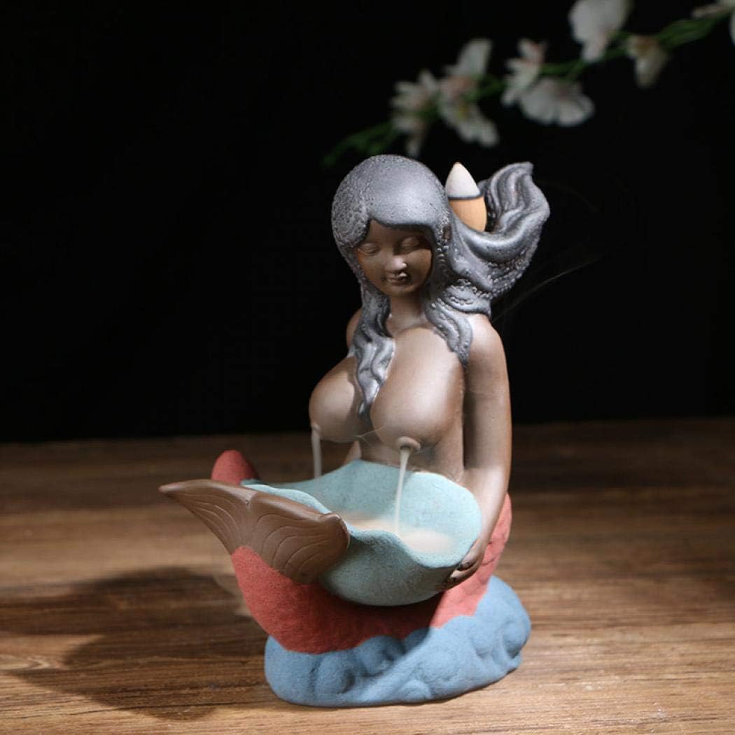 Incense Burner, Backflow Incense Holder Ceramic Mermaid Incense Cones Burner Incense Stick Holder Backflow Incense Burner with 10 Free Cones Home Decoration Handicraft Gift (Blue Hair)