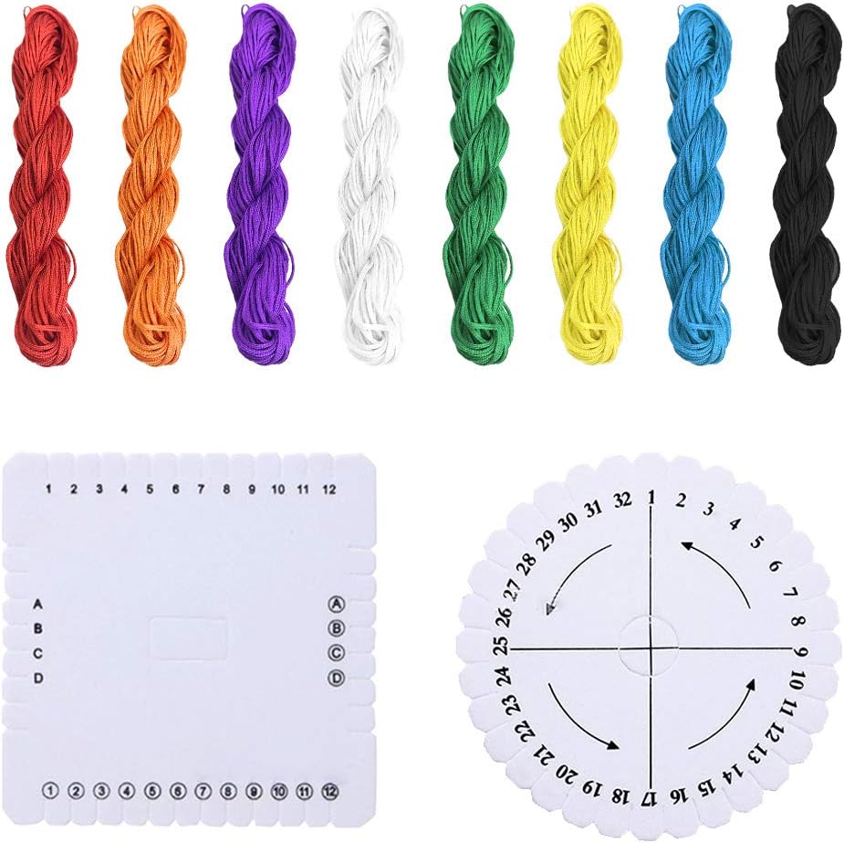 Kumihimo Disks Set,2 Pieces Round Square Kumihimo Beading Cord Disc with 8 Colors Knotting Cord Nylon Macrame Thread Cord Beading String for Bracelet Jewelry Making