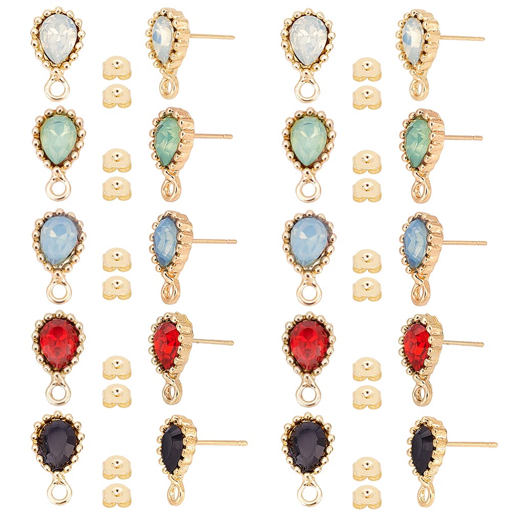 OLYCRAFT 20Pcs 5 Colors Rhinestone Earring Posts Stud with Loop Teardrop Shaped Stud Earrings Alloy Earrings with 100 Pcs Ear Nuts for DIY Dangle Earring Jewelry Making Supplies