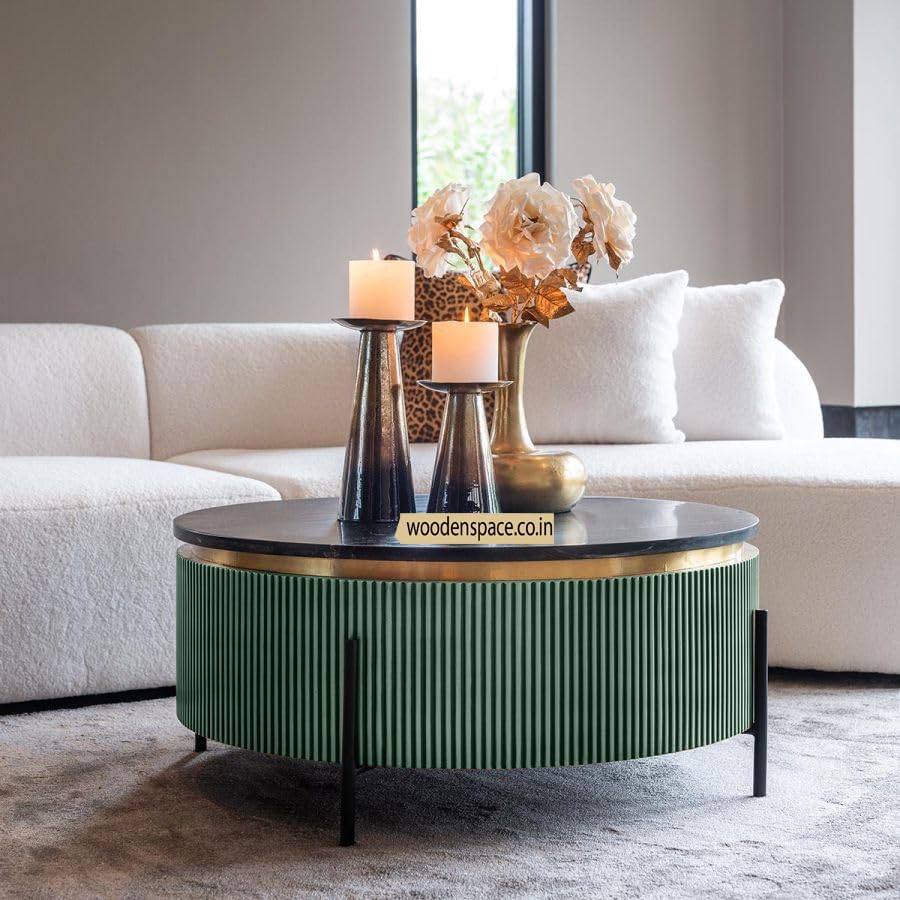 Image of WOODEN SPACE Premium Luxury Nazaara Marble-Top Coffee Table with Iron Legs & PVD Coating | Modern Round Wooden Center Table for Living Room & Entryway