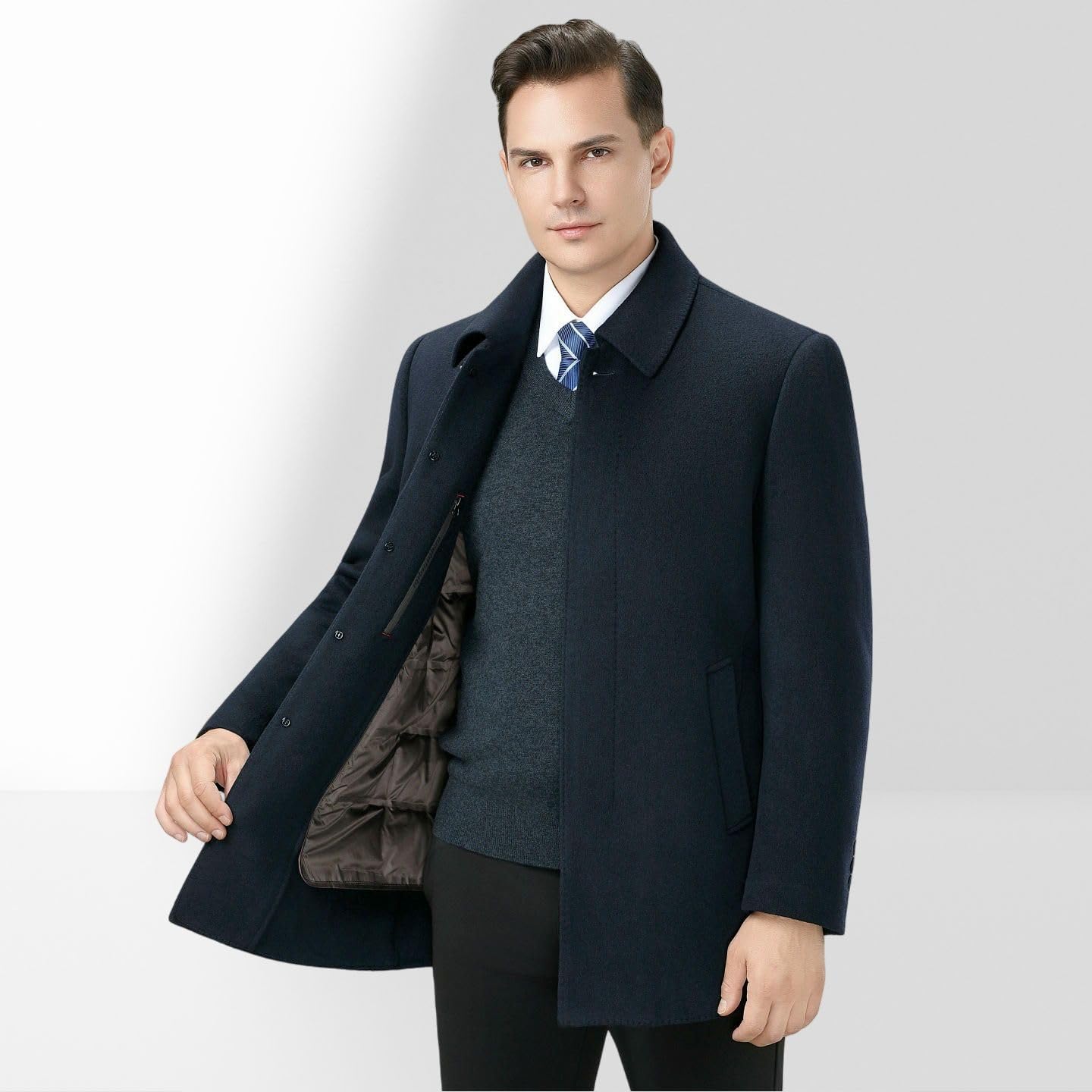 Cappotto da uomo con risvolto in lana double-face autunno inverno fodera rimovibile mezza età