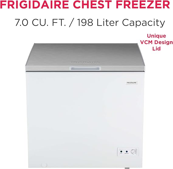 Frigidaire Chest Deep Freezer, 7 Cu. Ft. Capacity, Shiny Stainless Steel Top Lid Design-Adjustable Thermostat-Removable Vinyl Coated Wire Basket-Easy Defrost Drain- Garage Ready