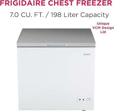 Frigidaire Chest Deep Freezer, 7 Cu. Ft. Capacity, Shiny Stainless Steel Top Lid Design-Adjustable Thermostat-Removable Vinyl Coated Wire Basket-Easy Defrost Drain- Garage Ready