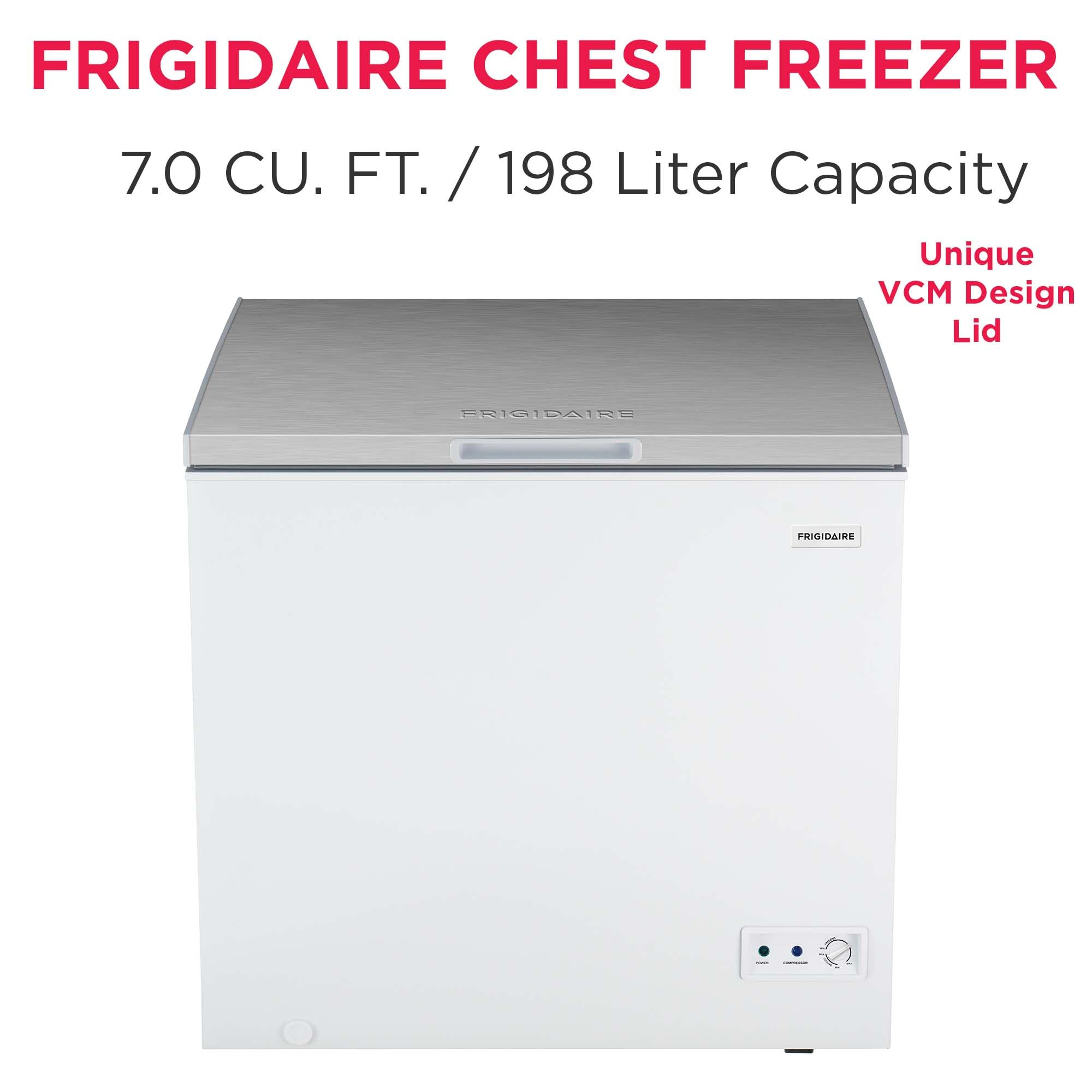 Frigidaire Chest Deep Freezer, 7 Cu. Ft. Capacity, Shiny Stainless Steel Top Lid Design-Adjustable Thermostat-Removable Vinyl Coated Wire Basket-Easy Defrost Drain- Garage Ready on Fridge.com
