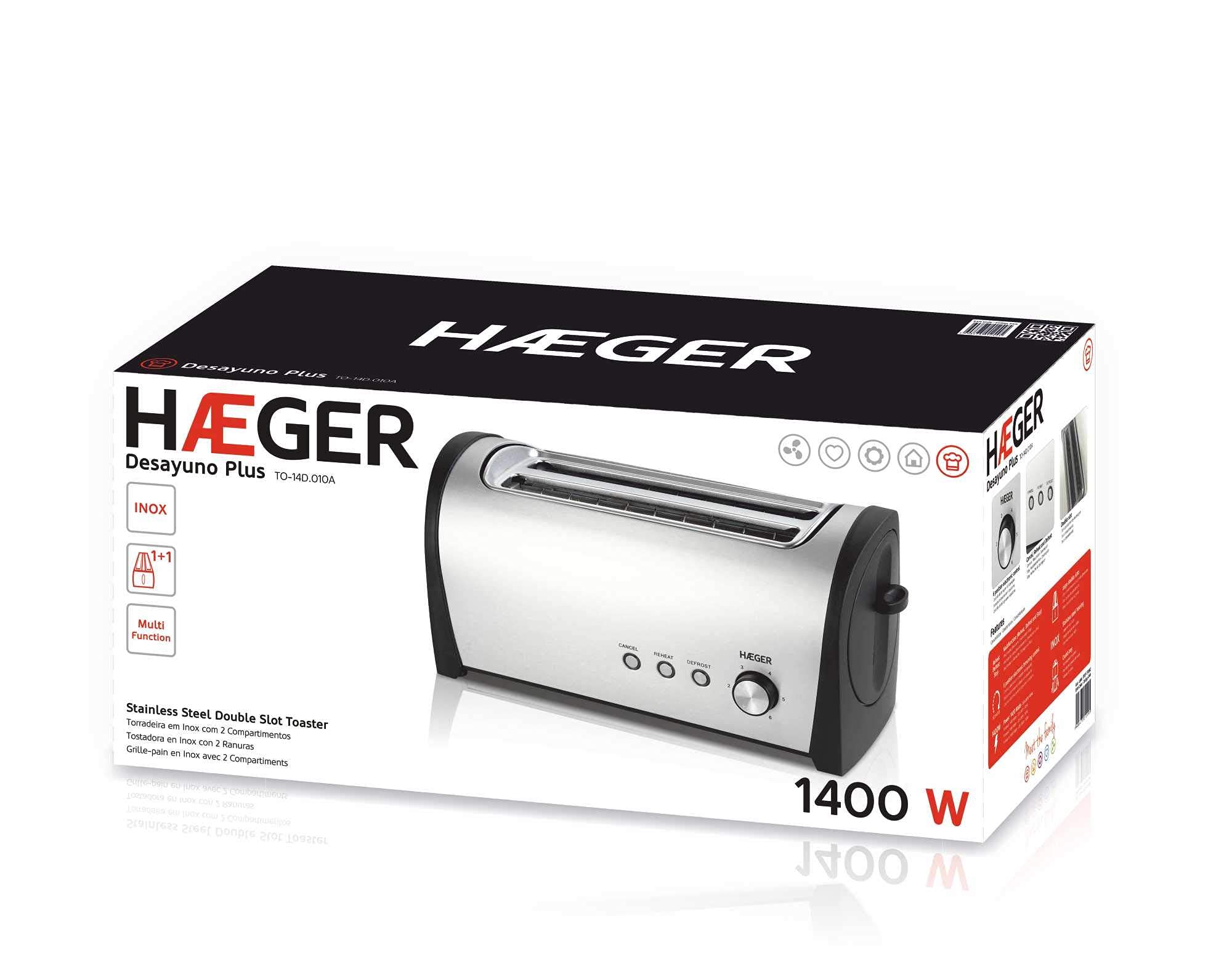HAEGER DESAYUNO PLUS - Tostadora Multifunción con 1400W de potencia - 2 Ranuras Largas, exterior en INOX, control electrónico de tostado - 6 posiciones, 3 funciones: recalentar, descongelar y cancelar