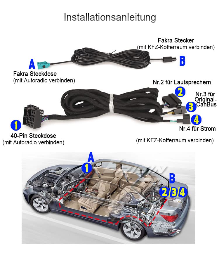 erisin BZ6M Cavo di prolunga radio Power & Fakra per Mercedes Benz W211 W463 W219 W215 W220 E/G/CL/CLS/S Class Autoradio, lunghezza: 6 m, 40-Pin-Quadlock
