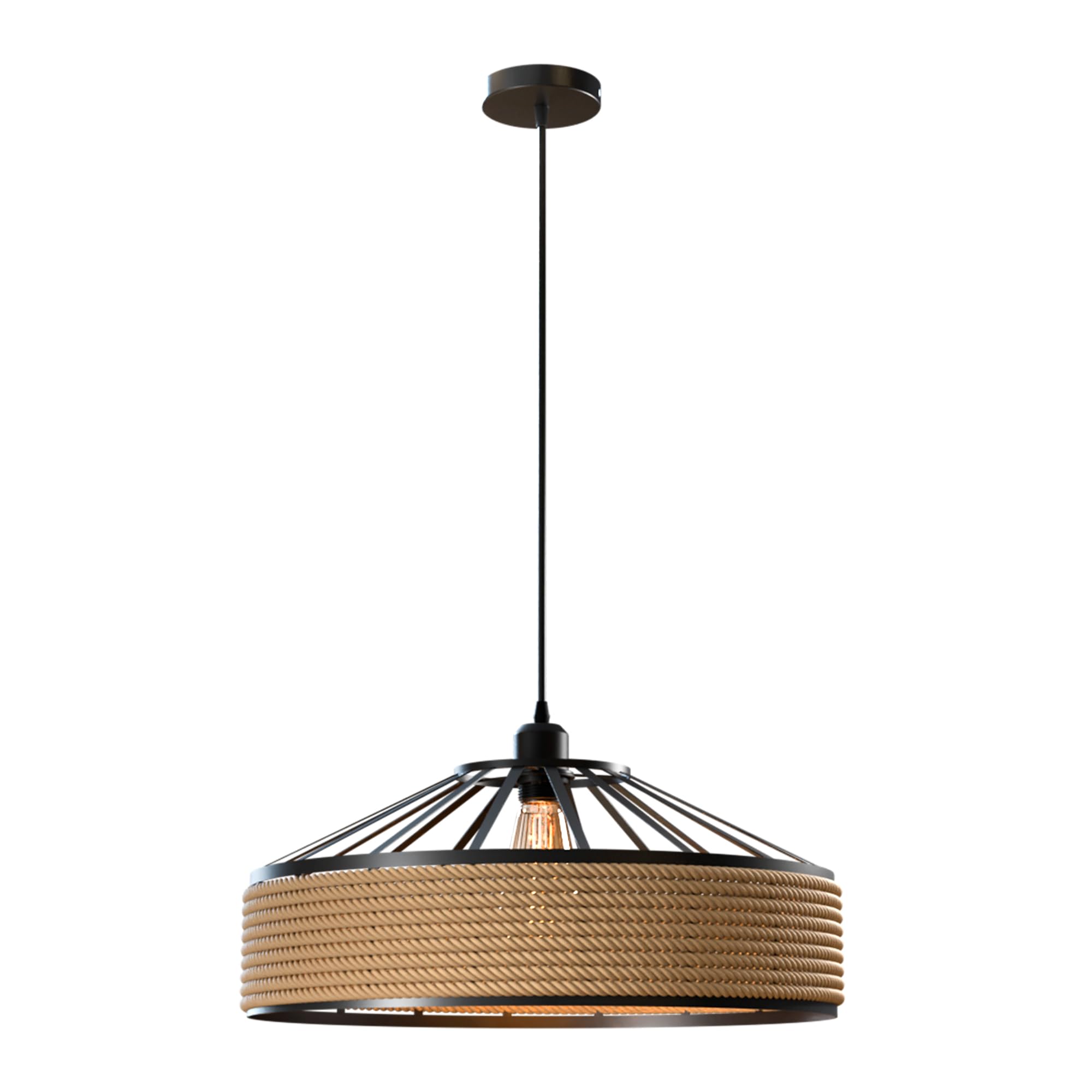 LEDSone Modern Natural Tapered Woven Rope Ceiling Light | Pendant Lights, Home Décor & Improvement Essential | 400mm Shade Width | 1m Black Cable