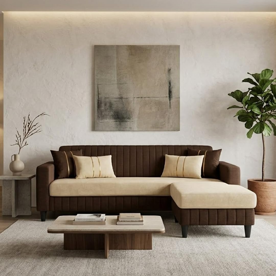 Avrel 3 Seater Velvet Fabric Sofa Set with 1 Ottoman (Dark Brown - Cream) | Soft Touch Fabric | Plush Cushions | Comfortable Living Room Seating | Stylish Living Room Sofa-image-12